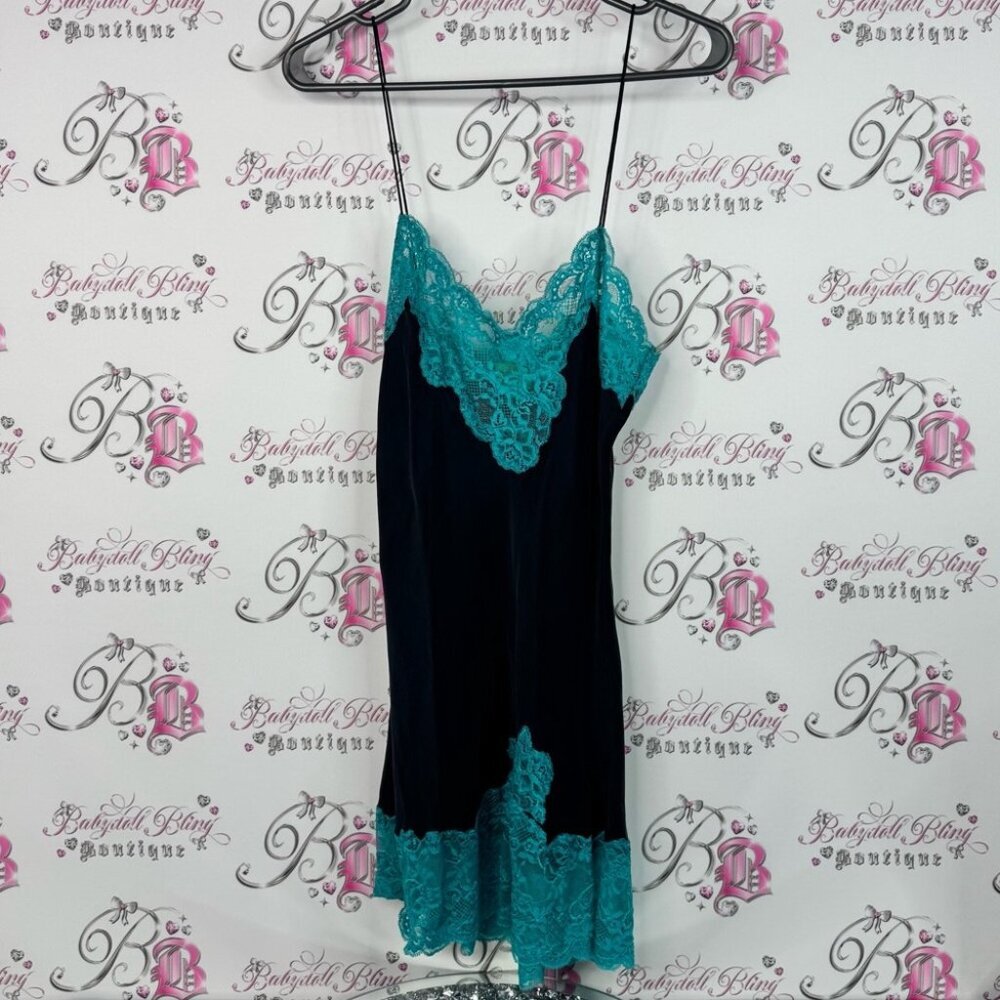 Mary green San Francisco dress silk Elegant Lace Trim Nightgown in Black Teal